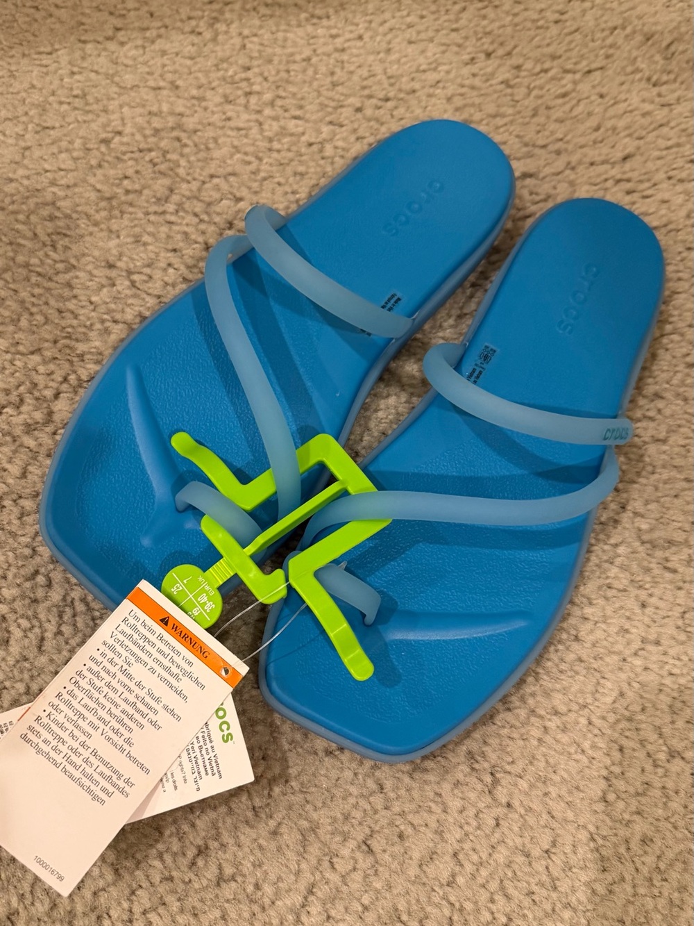 CROCS Bright Blue Slide Sandals with Neon Green Accent
